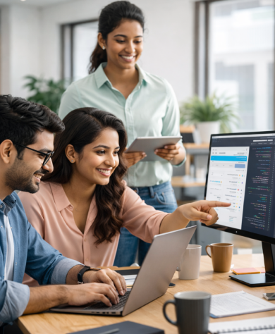 Our team working together on web development project